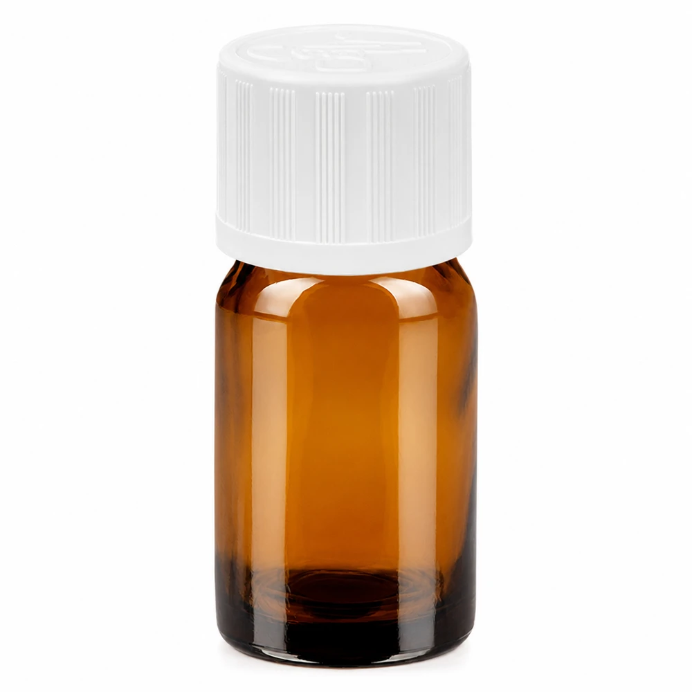 5ml flaske 11mm SV m. STD KiSi BrownLine UT18/5 5 ml brun glasflaske med hvidt skruelåg til æteriske olier og medicin