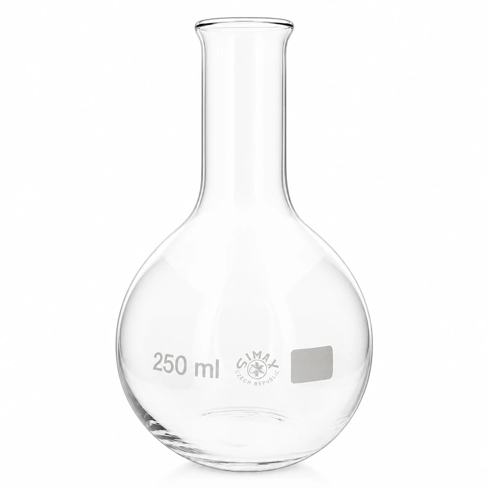 Stående kolbe 250 ml med smal hals Stående kolbe 250 ml med smal hals lavet af glas til laboratoriebrug