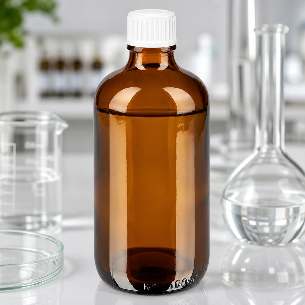 Apoteksflaske brun 100ml skruelåg hvid pc Laboratoriefoto af en 100 ml brun apotekerflaske af ravfarvet glas med hvid standardprop