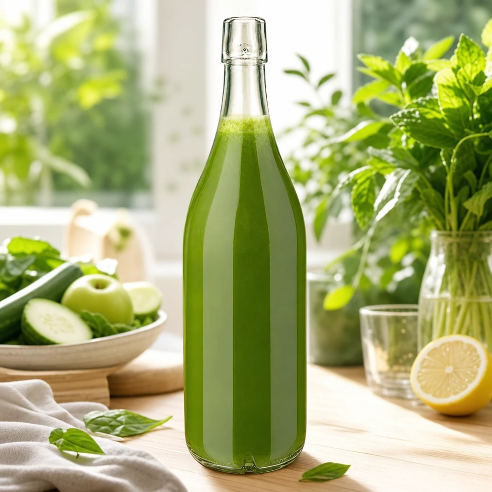 1000 ml glasflaske uden skruelåg UNiTWIST Glasflaske 1000 ml UNiTWIST fyldt med grøn smoothie friske grøntsager frugt køkkenscene sund ernæring