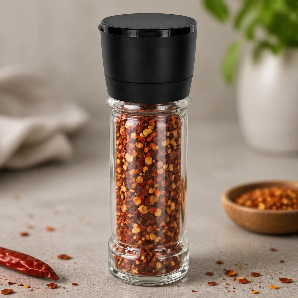 Salt-/krydderikrukke 100 ml med kværn, Vario, sort Krydderiglas på 100 ml med sort drejekværn, fyldt med chiliflager på grå baggrund