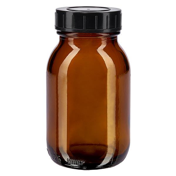 125 ml flaske med bred hals i ravfarvet glas med skruelåg