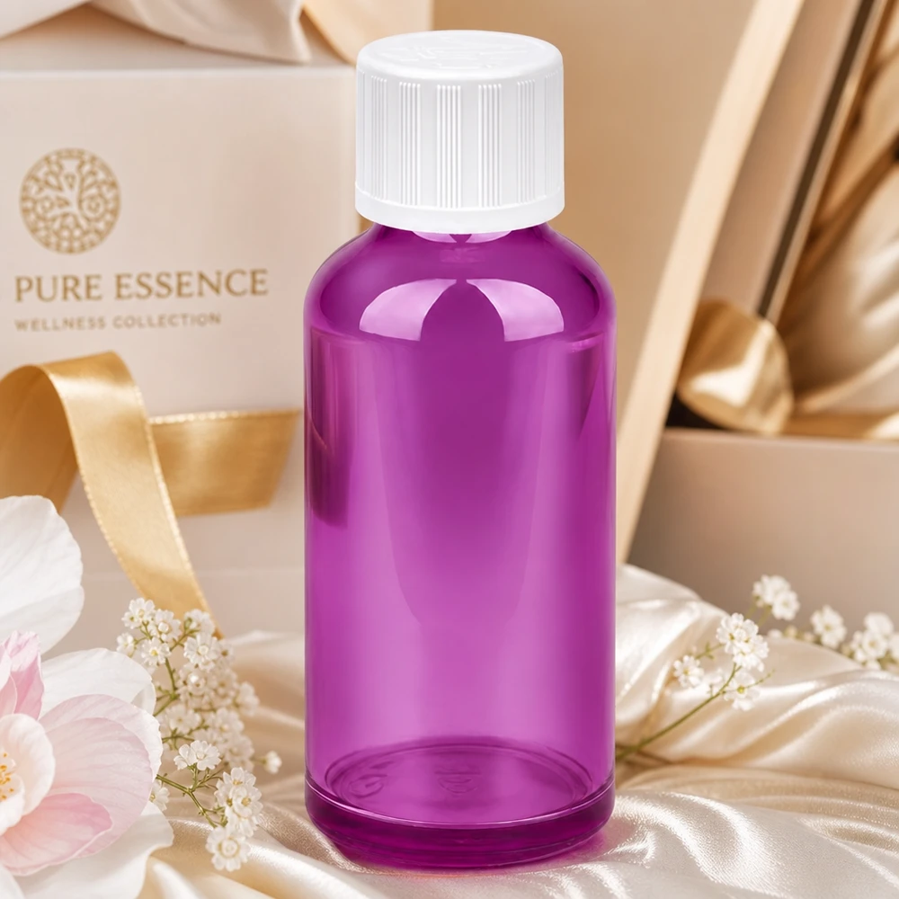 50 ml flaske 11 mm skruelåg hvid standard børnesikret PurpleLine UT18/50 Elegant 50 ml violet flaske med børnesikret låg, ideel til Pure Essence wellness-produkter
