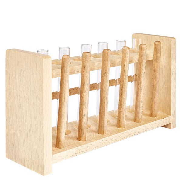 Reagensglasholder i træ med 6 reagensglas plus sodakalk 100x12 Reagensglasholder i træ med 6 reagensglas plus sodakalk 100x12