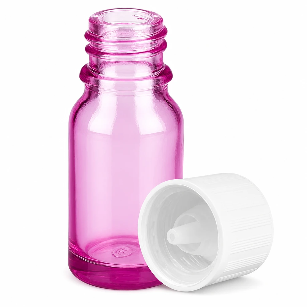 10 ml dråbeflaske 1,2 mm hvid standard børnesikret PurpleLine.UT18/10 Lilla glasflaske 10 ml med dråbeindsats 1,2 mm til æteriske olier og kosmetik