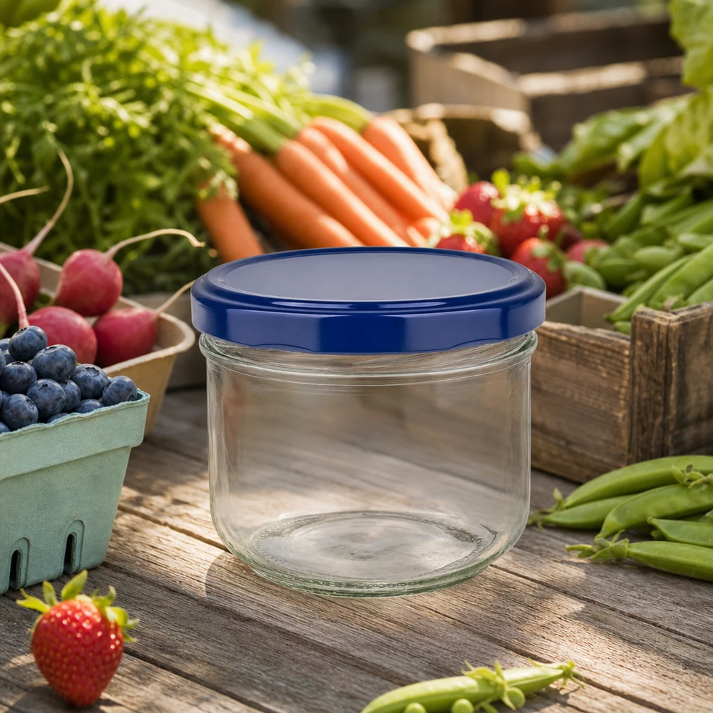 260 ml Briller + BasicSeal-låg blå UNiTWIST 260ml Sturzglas BasicSeal blau leer auf Holztisch mit frischem Obst und Gemüse - perfekt für Marmelade und Konserven