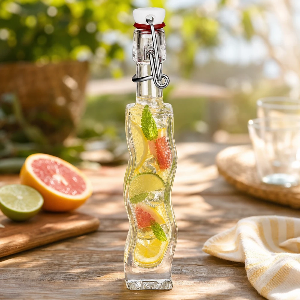 40 ml Glasflaske »Fila« med PVC-skruelåg UNiTWIST® 40 ml glasflaske Anna fyldt med citrusjuice på træbord med grapefrugt, lime og mynte udendørs