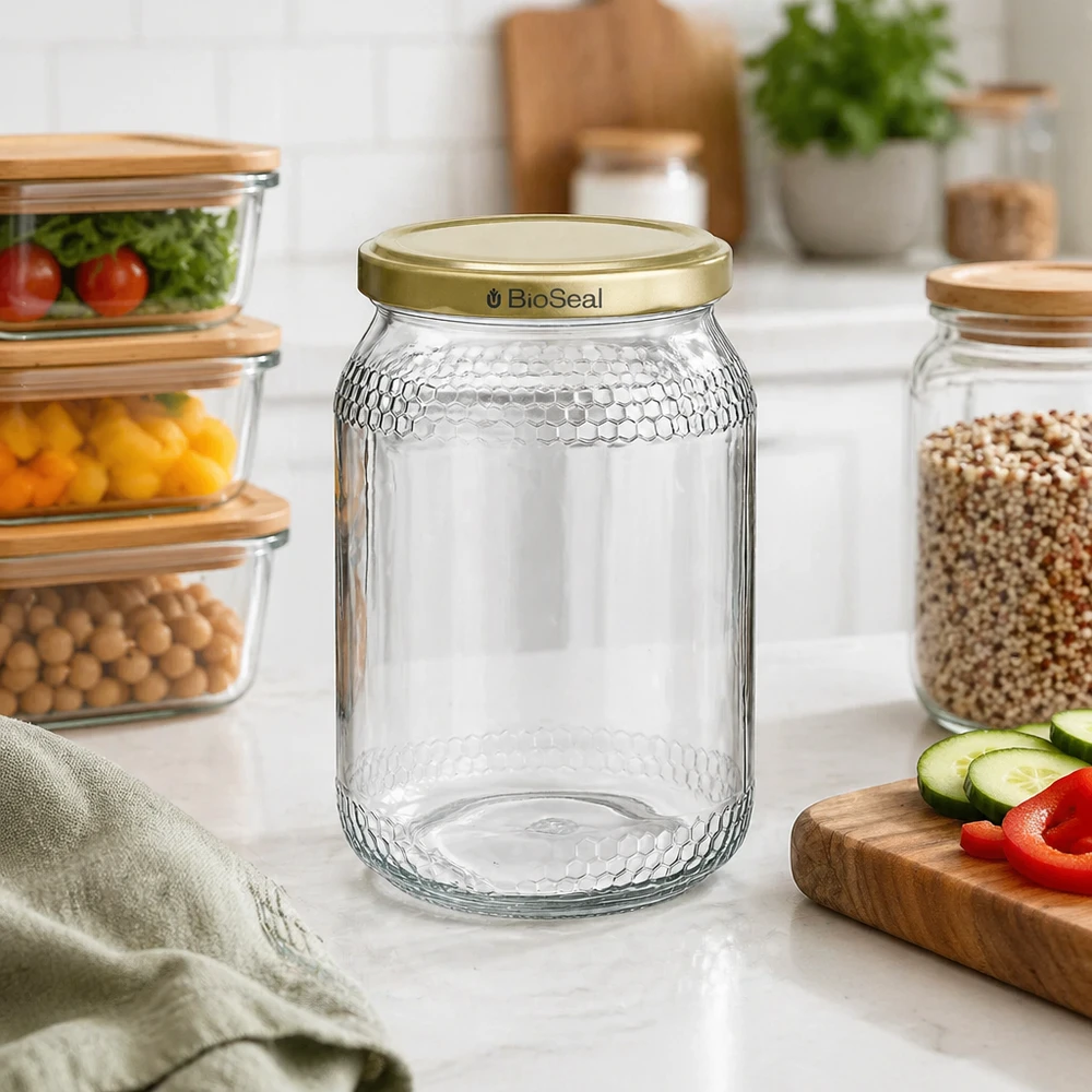 1260 g honningglas med gyldent BioSeal UNiTWIST-låg Honningkrukke 900 ml tom med gyldent BioSeal-låg i et moderne køkken mellem opbevaringskrukker og friske ingredienser