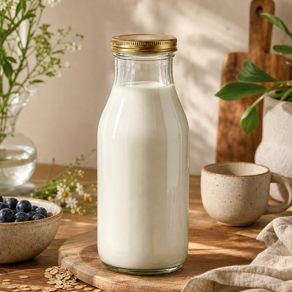 UNiTWIST Flaske263 med guld. Låg TO43 BioSeal UNiTWIST Bottle263 glasflaske fyldt med mælk og gyldent TO43 BioSeal-låg i en naturlig køkkenscene