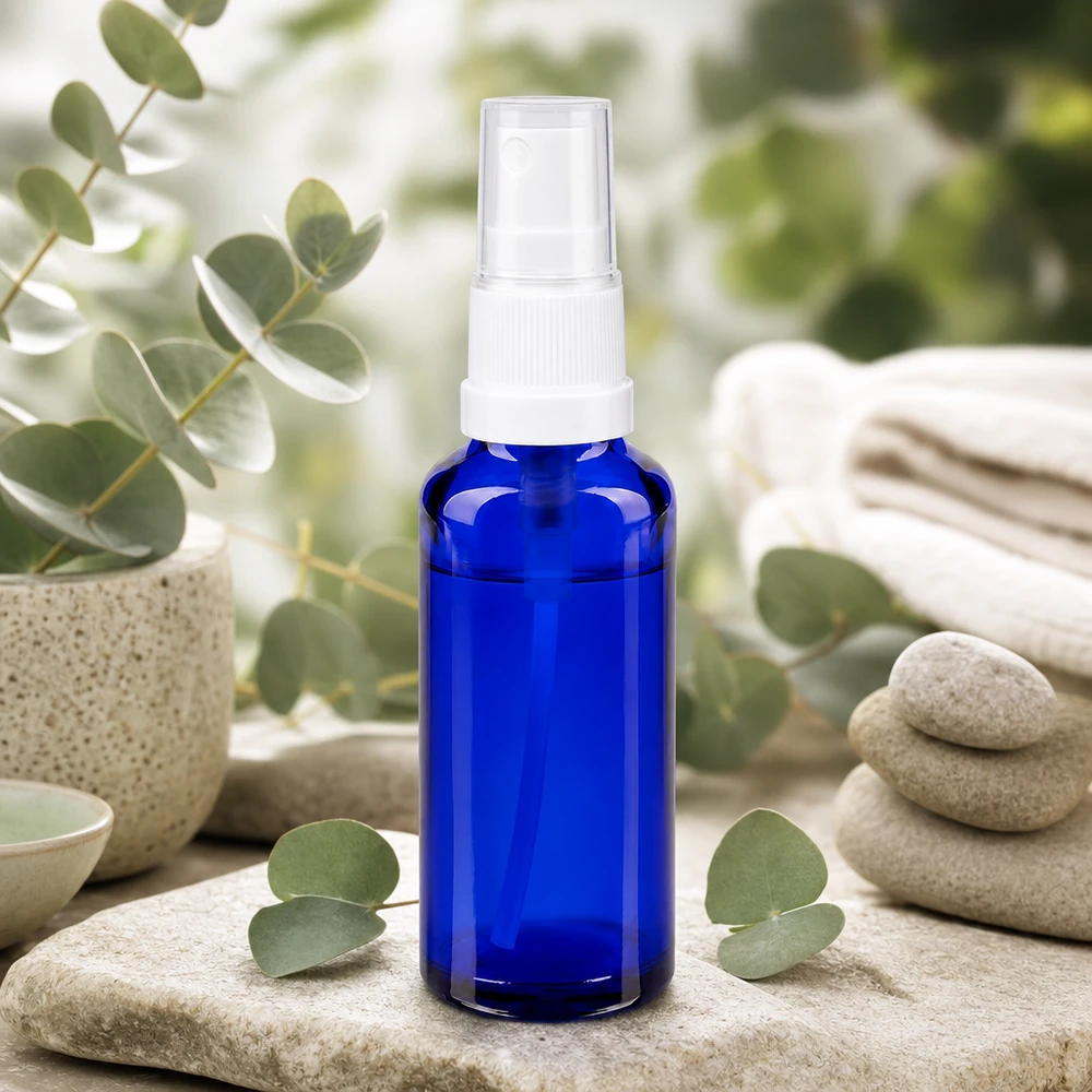Blå 30 ml apoteksglas-sprayflaske med hvid sprøjtehoved mellem eukalyptusblade og Zen-sten