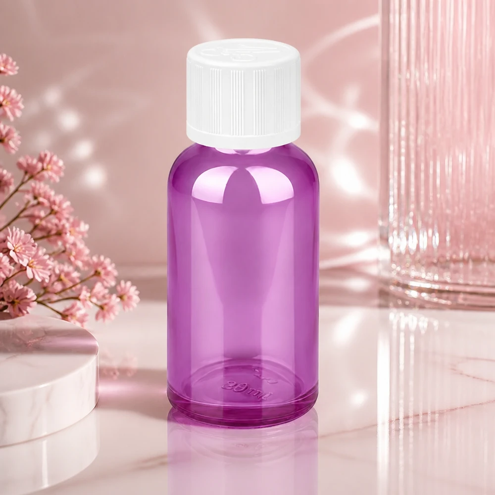 30 ml flaske 11 mm skruelåg hvid standard børnesikret PurpleLine UT18/30 Kompakt 30 ml glasflaske i lys violet med hvidt skruelåg til mobile anvendelser