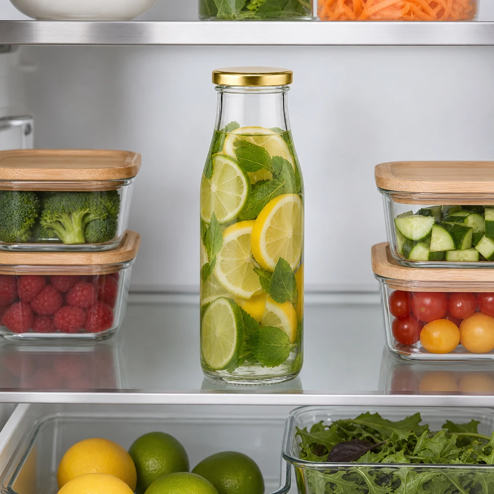 500 ml glasflaske + BasicSeal-låg guld UNiTWIST. Absolut lækagesikker med stort TO48-låg. Til mælk, juice og limonade. 500 ml glasflaske BasicSeal gold i køleskabet med citron- og myntedrik mellem dåser med frugt og grønt