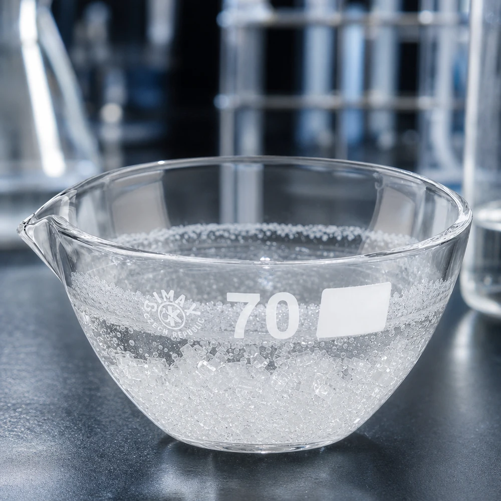 Rund fordampningsskål 60 ml med ø70 mm tud lavet af varmebestandigt borosilikatglas til laboratoriebrug
