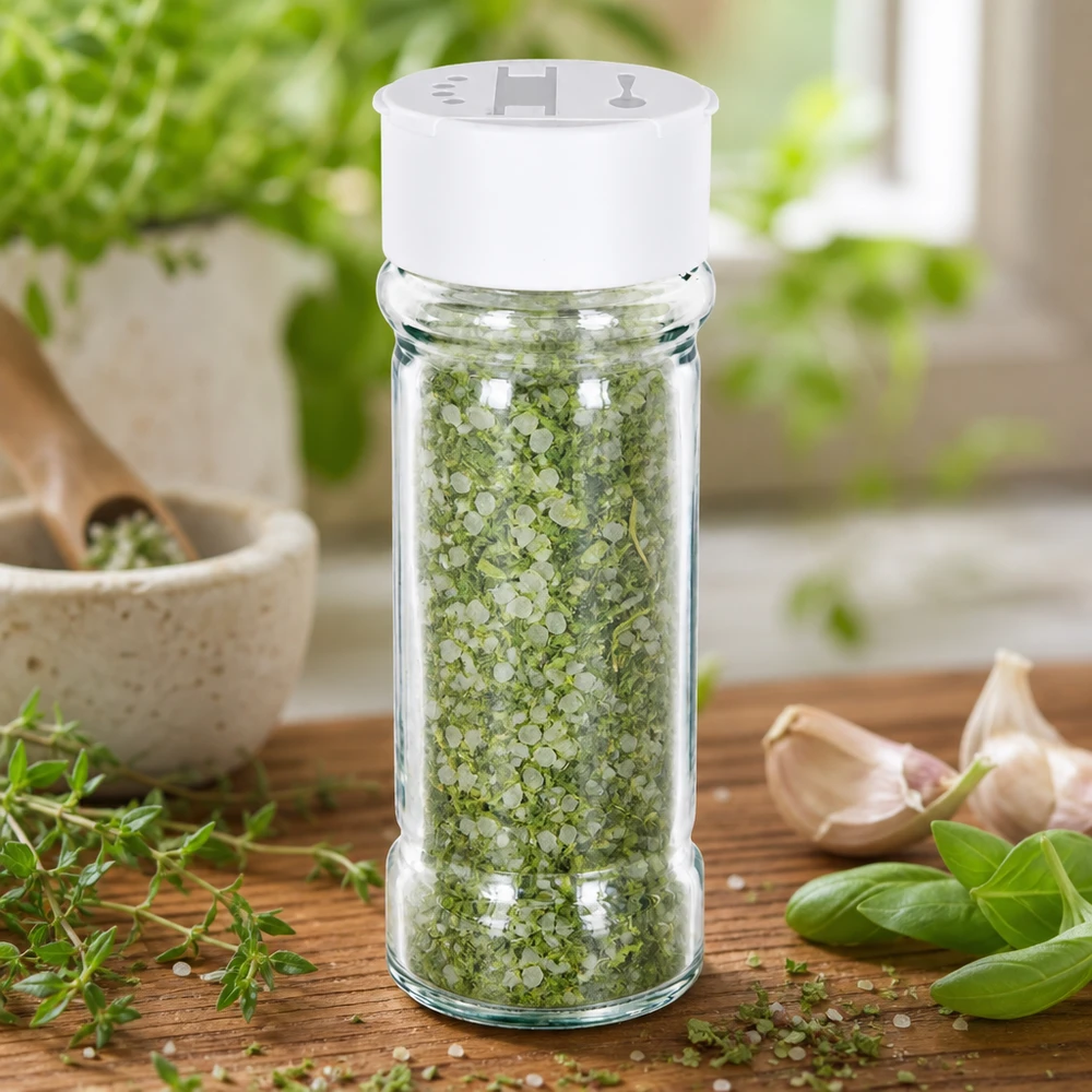 Salt-/krydderikrukke 100 ml med dobbelt strøer, hvid Krydderiglas på 100 ml med hvidt dobbeltstøvler, fyldt med krydderisalt og omgivet af friske urter