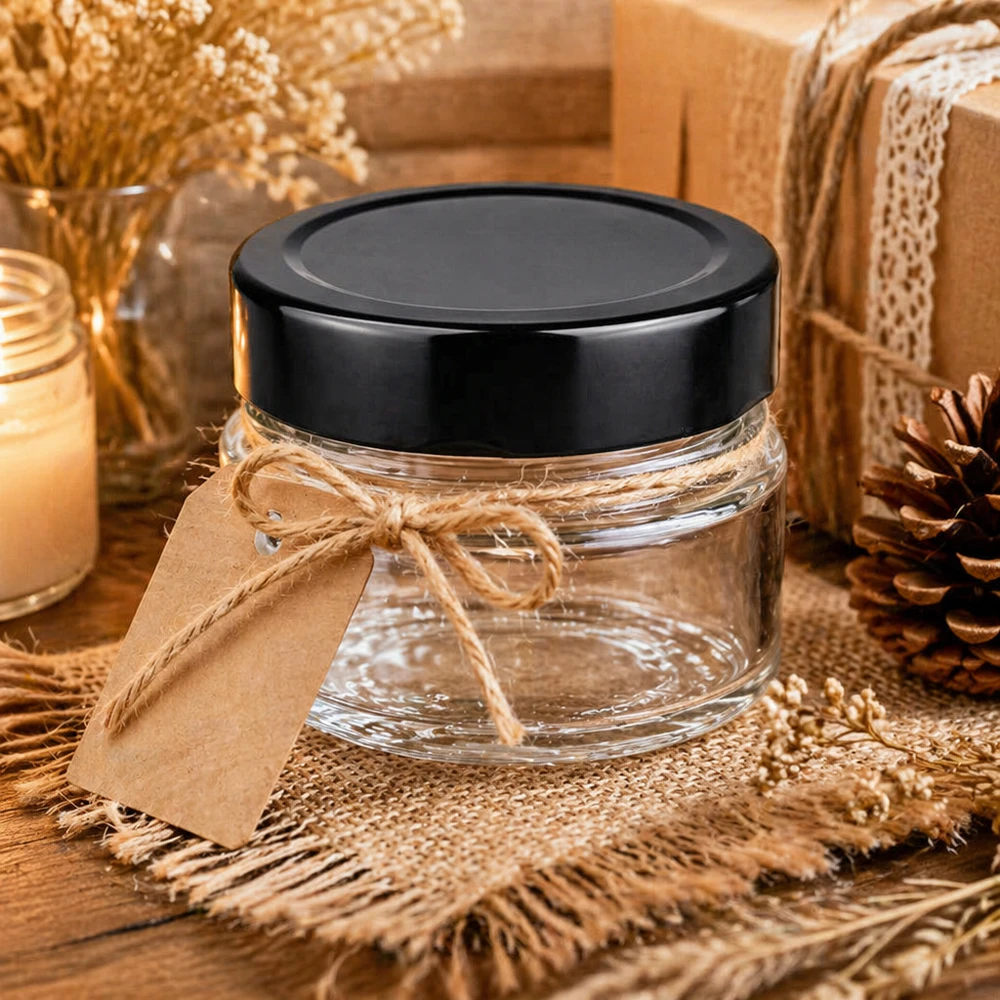 80 ml rund krukke + BasicSeal-låg sort dyb UNiTWIST 80 ml rund glasbeholder sort gennemsigtig kosmetikbeholder dekorativt arrangeret med gavebånd naturlig dekoration BasicSeal