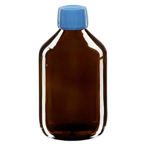 300 ml medicinflaske ravfarvet, blå hætte med tyverisikring ApoGlas. Farmaceutisk kvalitet fra EU-produktion. 28 mm (PP28) gevind. (sirup, let glasflaske)