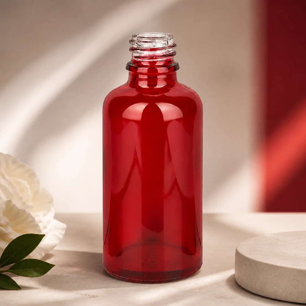 50 ml Apoteksflaske RedLine UT18/50 UNiTWIST Gennemsigtig rød glasflaske RedLine UT18/50 UNiTWIST med klart udsyn til indholdet