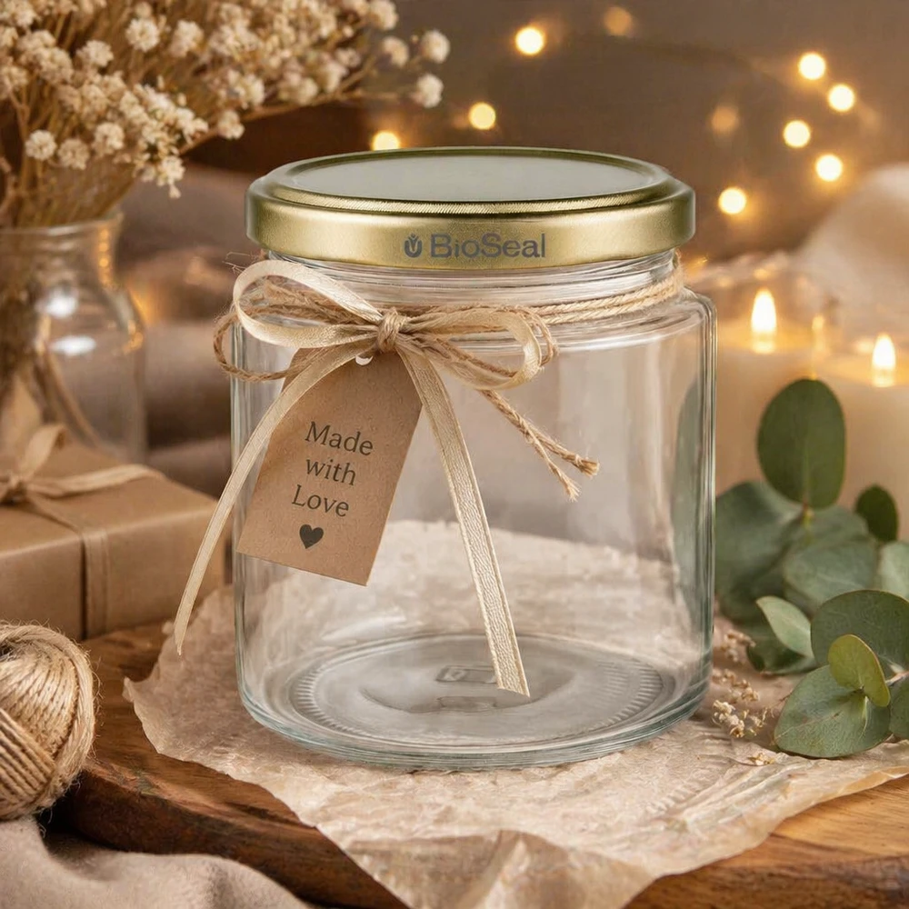 350 g honningglas med gyldent BioSeal UNiTWIST-låg Leeres 250ml BioSeal Honigglas dekorativ arrangiert mit Geschenkband und Made with Love Anhänger, goldener UNiTWIST Deck