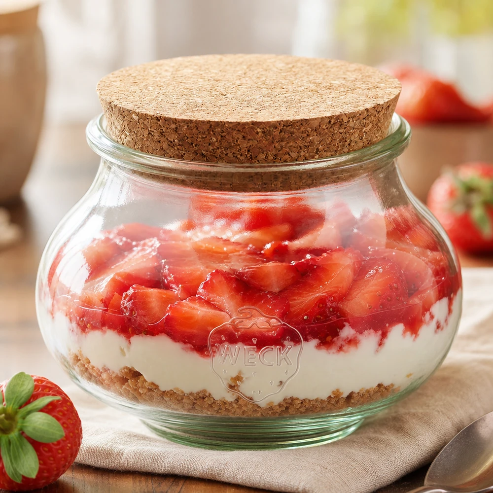 560 ml smykkekrukke WECK RR80 med kork natur WECK dekorativ krukke 560ml RR80 med kork som dessertkrukke til jordbæryoghurt lagdelt dessert køkkenpræsentation