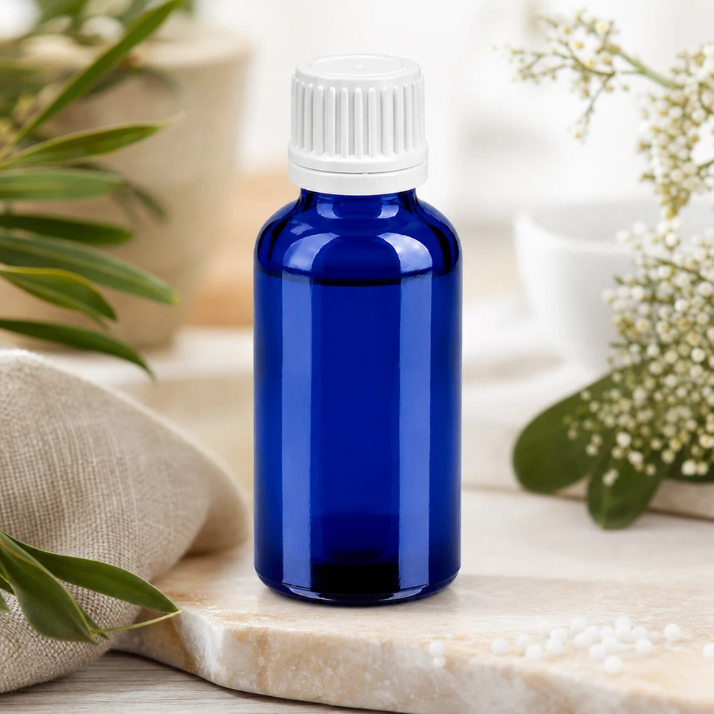 30 ml flaske 11 mm SV hvid OV BlueLine UT18/30 Kompakt 30 ml blå glasflaske med hvidt låg, ideel til rejser og på farten
