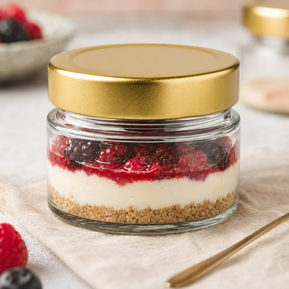 80 ml rund krukke med BasicSeal-låg guld dyb UNiTWIST 80 ml rundt glas med BasicSeal-låg gulddybt som dessertglas med cheesecake og bær i en elegant borddekoration