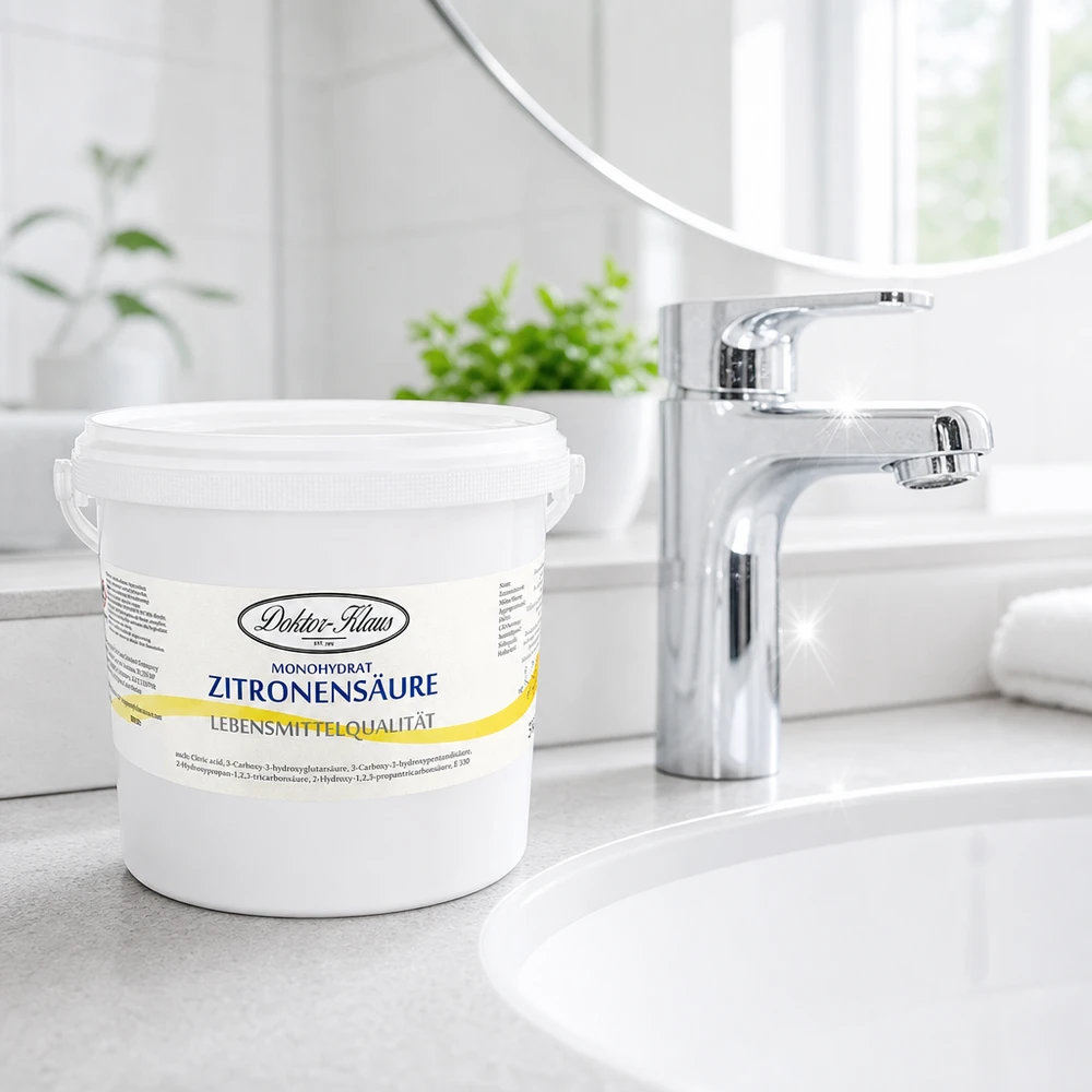 5 kg citronsyre Doktor-Klaus Doktor-Klaus citronsyre 5 kg i en aflåselig hvid spand på en moderne køkkenbordplade
