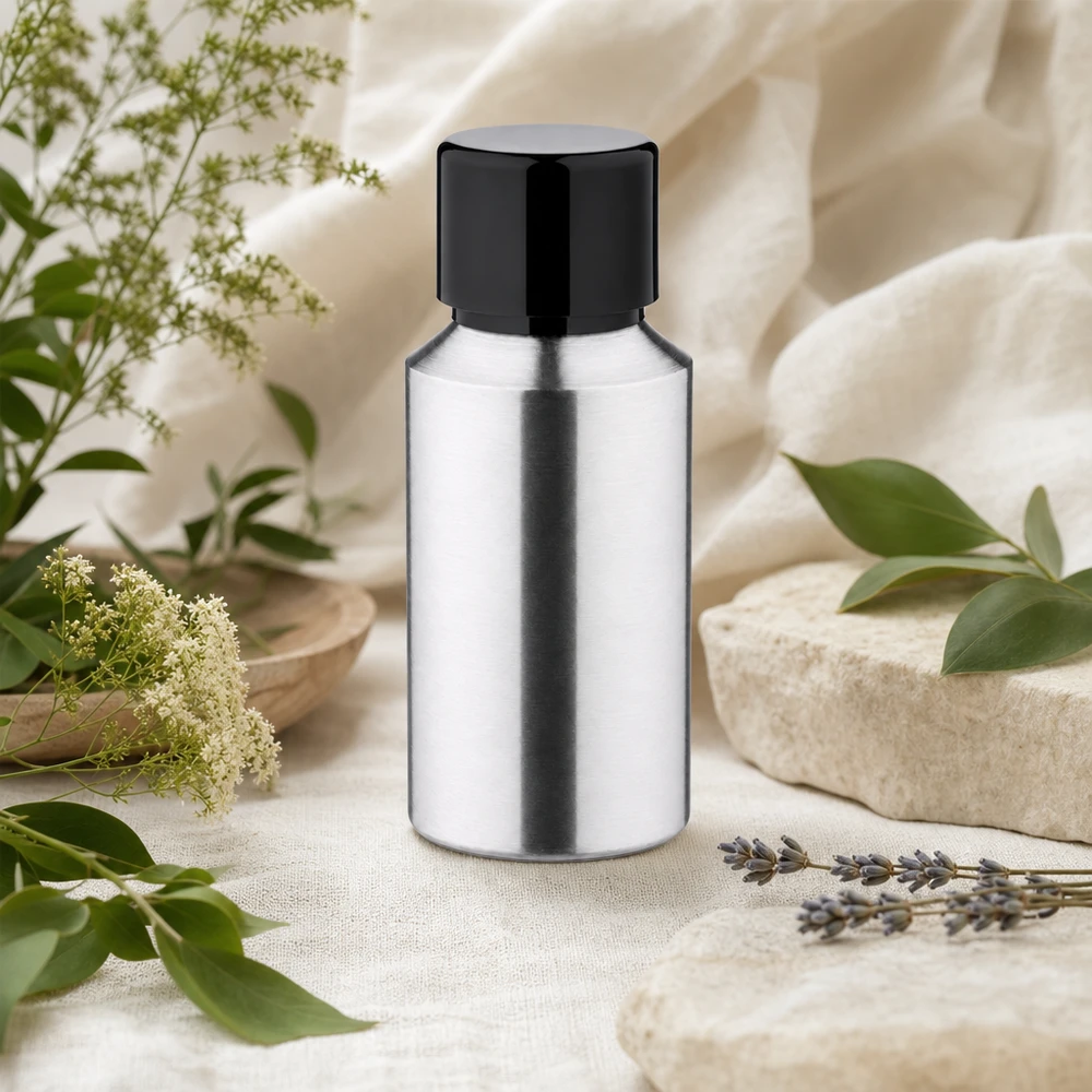 30 ml flaske i poleret aluminium med skruelåg 30 ml aluminiumsflaske af høj kvalitet med spejlblank overflade og sort hætte til premiumprodukter