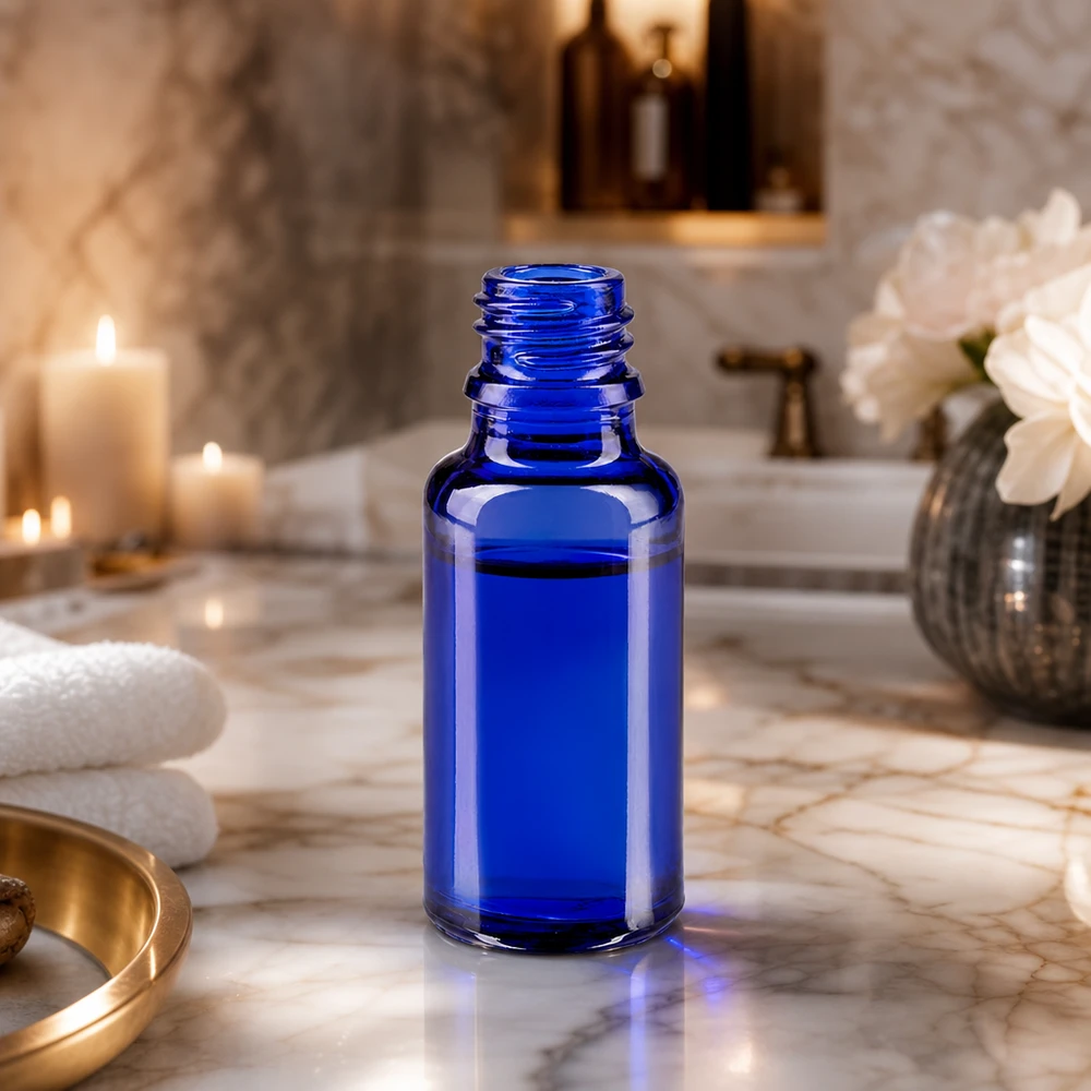 Dropperflaske 20 ml DIN 18 BLÅT GLAS Elegant 20 ml ApoGlas-flaske i dybblå til professionelle kosmetik- og wellness-anvendelser