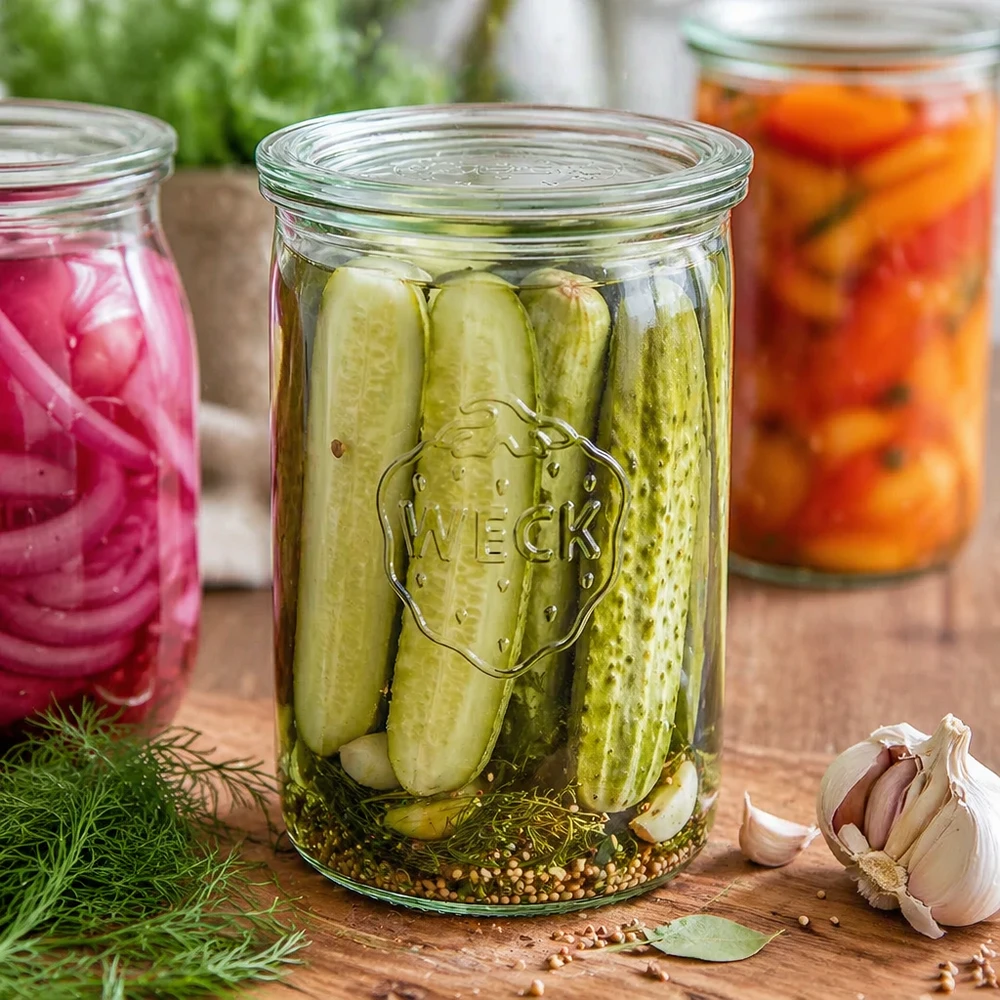 1000 ml Briller med glaslåg WECK RR100 WECK 1000 ml RR100-bægre fyldt med syltede agurker sammen med hvidløg og dild til fermentering og syltning
