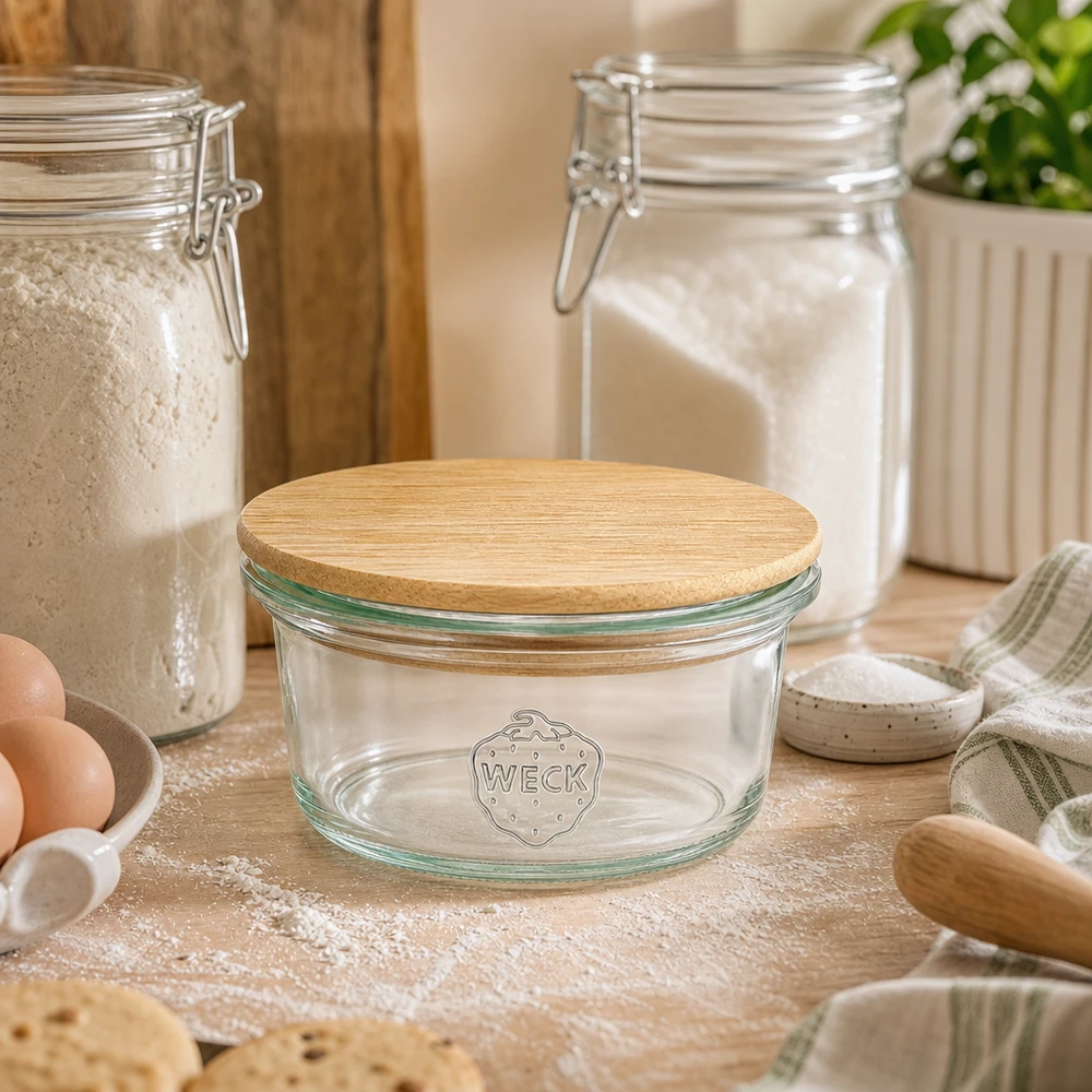 50 ml mini Briller WECK RR60 med trælåg WECK Mini Sturzglas 50ml mit Bambusdeckel in gemütlicher Backstube zwischen Mehl, Eiern und Backutensilien auf Holzbrett