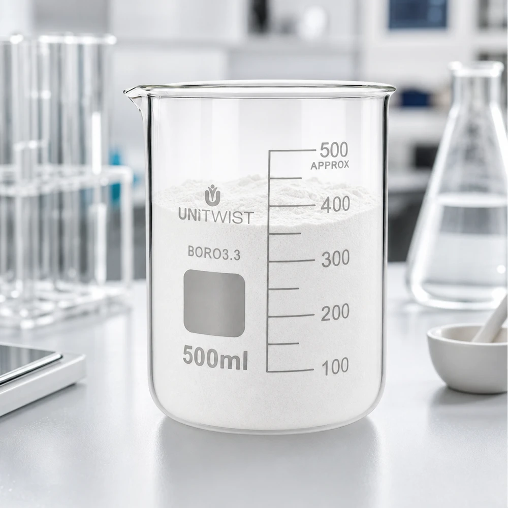 Bæger 500 ml borosilikat, lav form UNiTWIST UNiTWIST-bægerglas 500 ml BORO3.3 fyldt med hvidt pulver i laboratoriemiljøet