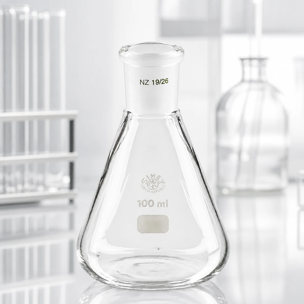 Erlenmeyer-kolbe 100 ml med standard slebet led (19/26) Erlenmeyer-kolbe 100 ml med standard slebet led (19/26)