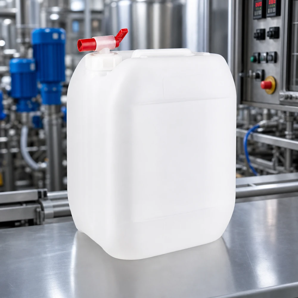 Beholder 10 liter med aftapningshane Gennemsigtig industrikanister på 10 liter med rødt tømmehan foran et anlæg til bearbejdning af rustfrit stål