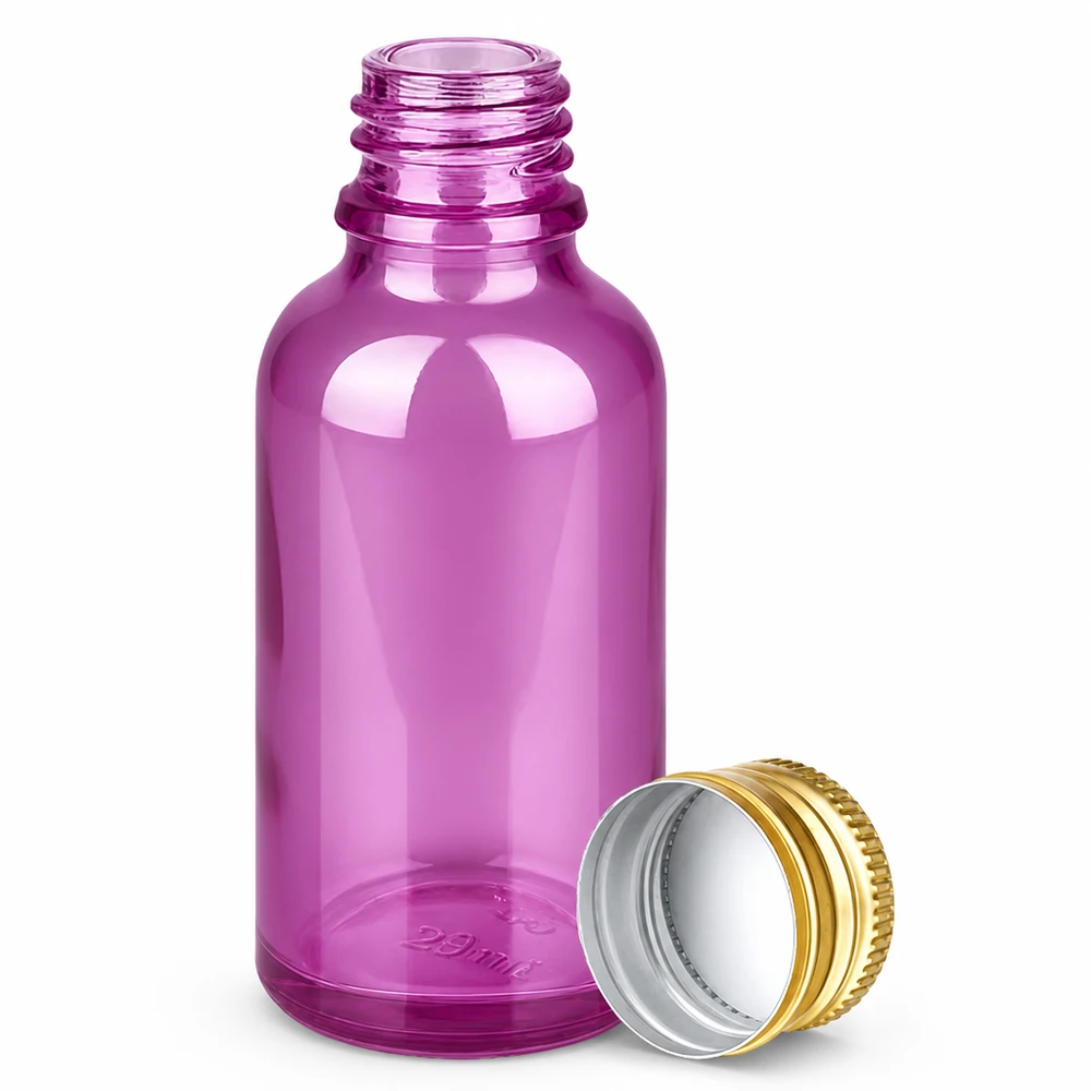 30 ml flaske 11 mm skruelåg aluminium guld standard PurpleLine. UT18/30 30 ml violet glasdråbeflaske med 11 mm gevind og guldaluminiumslåg til æteriske olier