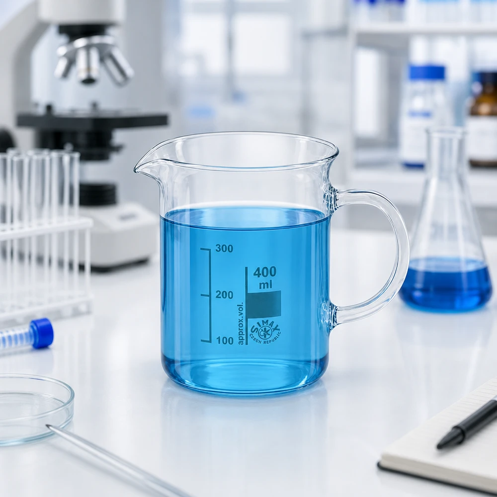 Gennemsigtigt bæger på 400 ml med hank, fremstillet af borosilikatglas af høj kvalitet til laboratoriebrug
