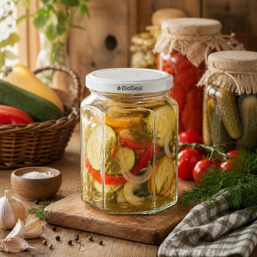 UNiTWIST Hexa288 med hvidt låg TO63 BioSeal UNiTWIST Hexa288 sekskantet sylteglas fyldt med blandede pickles på træplade i rustikt køkken