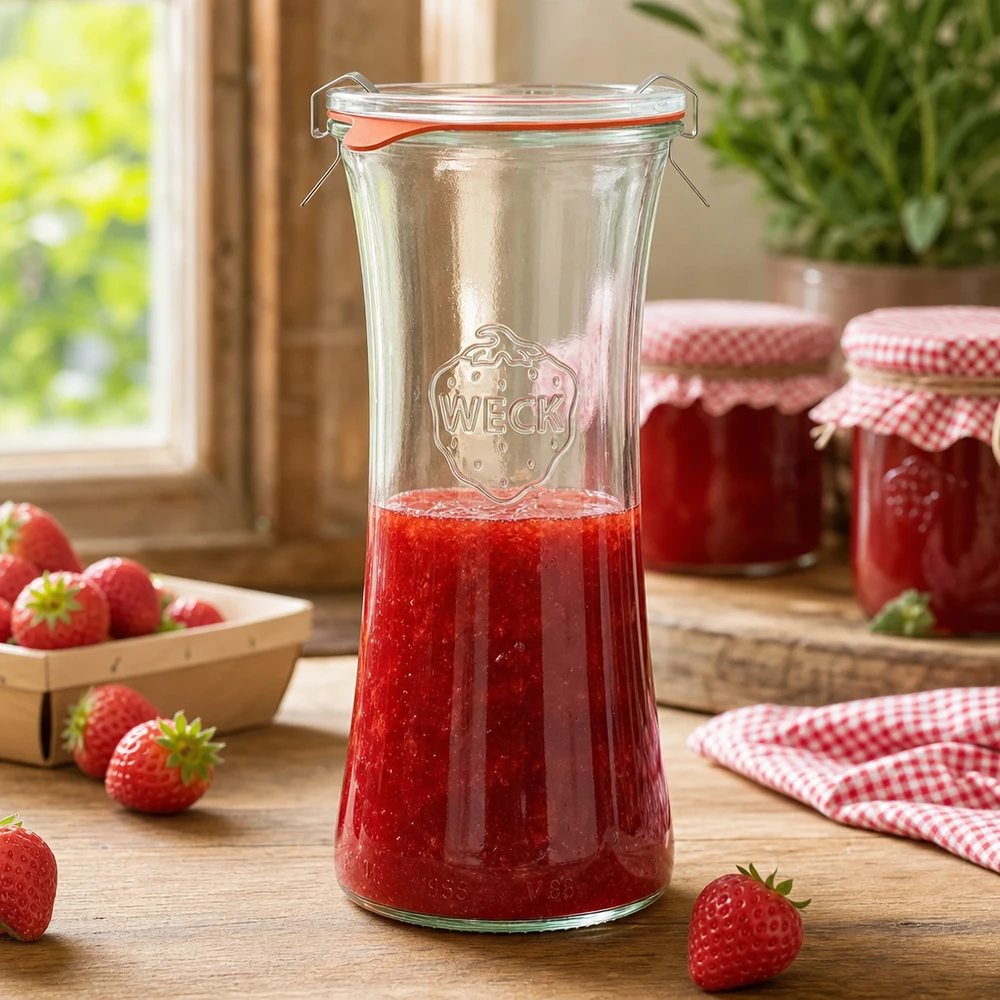 WECK RR80 700 ml delikatesseglas fyldt med jordbærmarmelade, syltetøjsglas med svingtop i køkkenscene