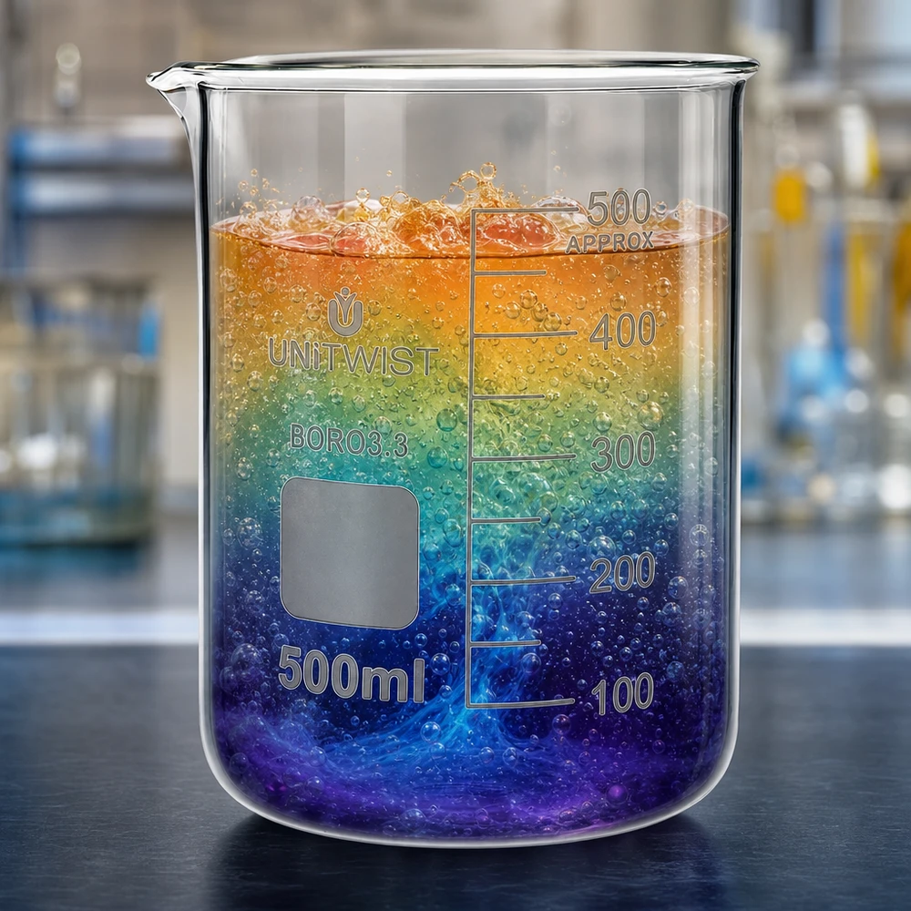 Bæger 500 ml borosilikat, lav form UNiTWIST UNiTWIST drikkeglas 500 ml, borosilikatglas, lav form, fyldt med farverig regnbueeffekt