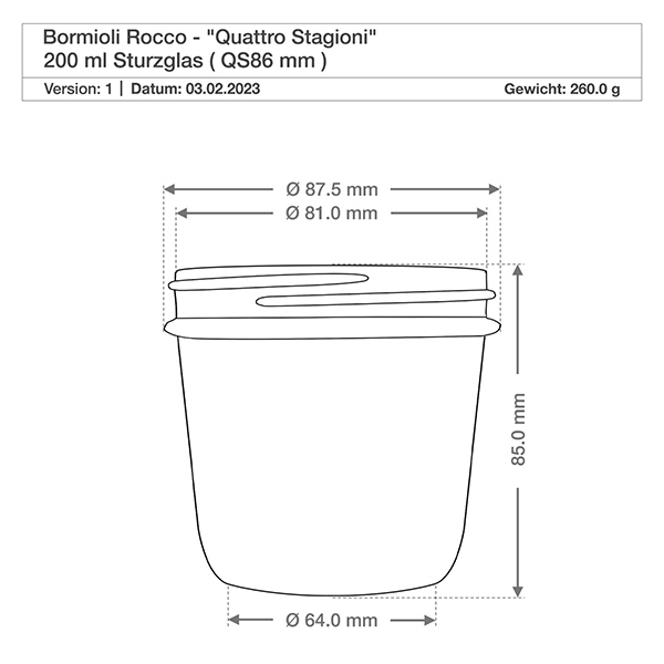 200 ml "Quattro Stagioni"-brillerne med låg 200 ml Quattro Stagioni bægre med låg mål 87,5 mm diameter 85 mm højde teknisk tegning Bormioli Rocco
