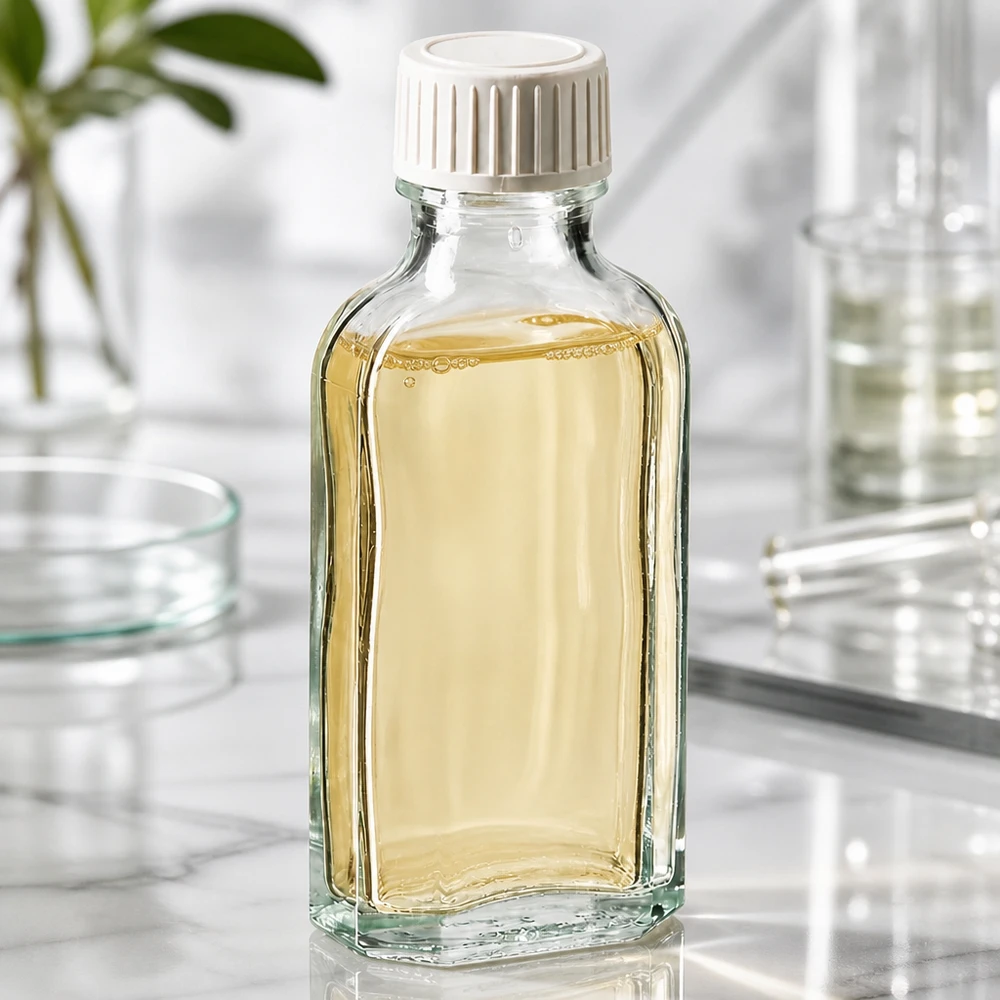 Meplat-glasflaske på 50 ml fyldt med gullig olie og med hvid skruelåg