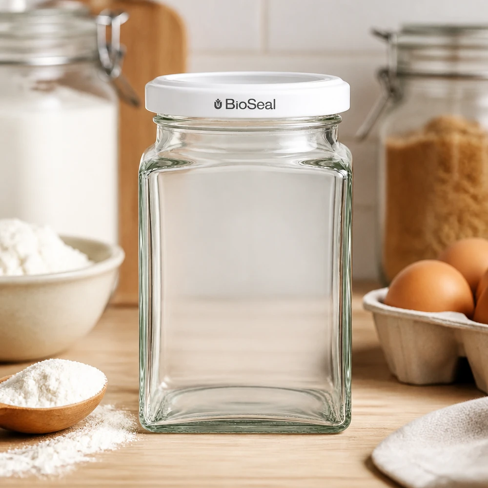 UNiTWIST Tetra260 med hvidt låg TO58 BioSeal UNiTWIST Tetra260 Glasdose leer auf Holzbrett Küche Backzutaten Eier Mehl weißer TO58 BioSeal Deckel Backen