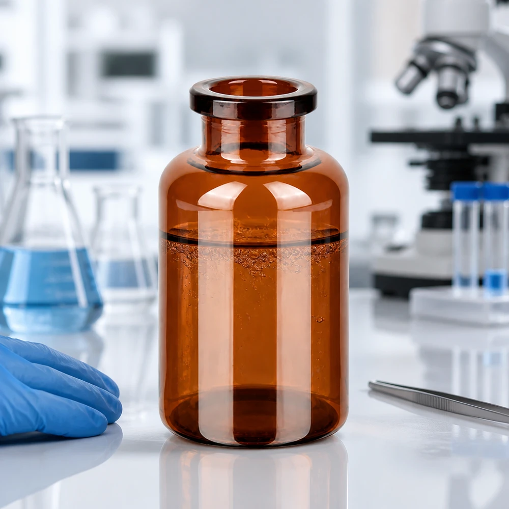 Injektionsflaske af ravfarvet glas 20 ml Lichtschützende Braunglas Injektionsflasche 20ml neben Mikroskop und Laborhandschuhen