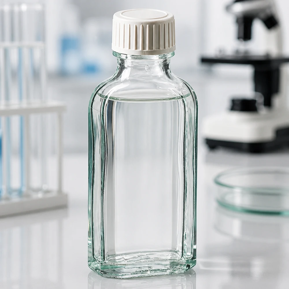 50 ml Meplat klart skruelåg med PE-skumindsats Rektangulær 50 ml glasflaske, Meplat, klar, med hvid skruelåg på laboratoriebordet