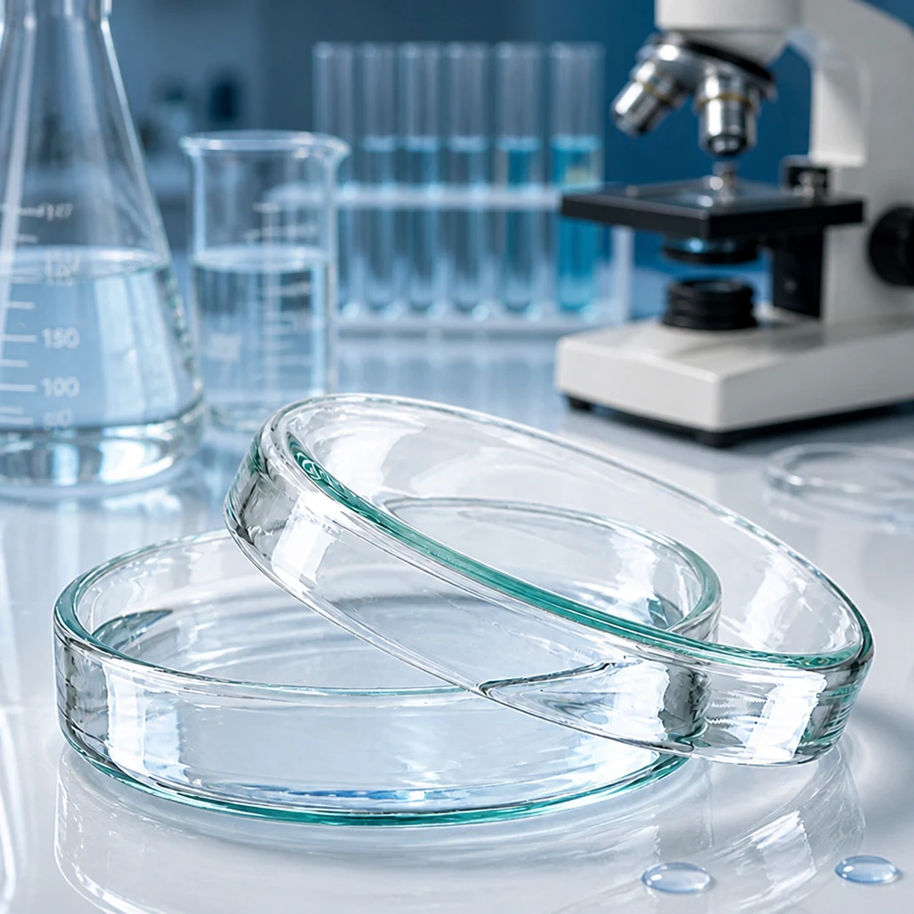 60 mm petriskål af klart laboratorieglas til dyrkning af mikroorganismer og cellekulturer. Højde 15 mm Runde petriskåle af glas, 60 x 15 mm, flad udformning, til cellekulturer og mikrobiologiske analyser