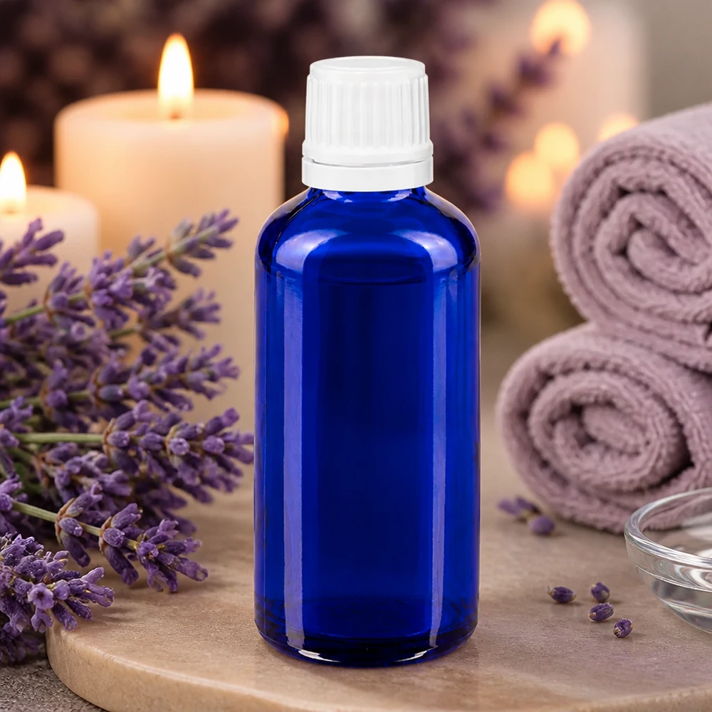 Apoteksflaske blå 50 ml skruelåg hvid OV Blå 50 ml glasflaske med hvidt dråbehoved mellem lavendelblomster og stearinlys