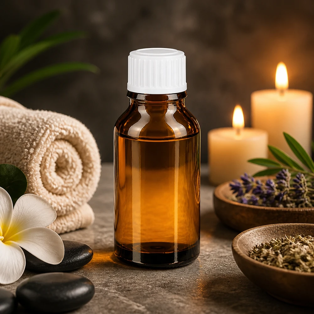 Apoteksflaske brun 15ml dråbetæller hvid 0,8mm stk. Flaske med æterisk olie, 15 ml, i ravfarvet glas med hvid dråbetæller – spa- og wellness-stemning
