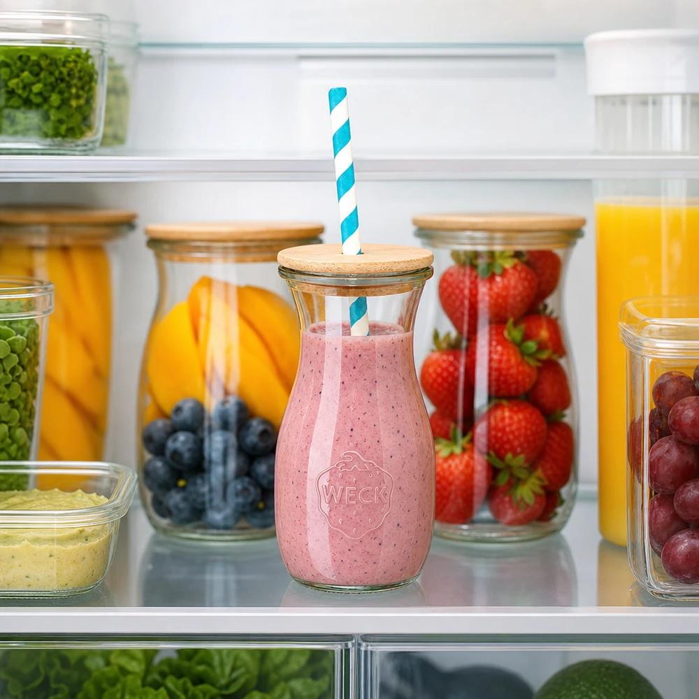 6 x WECK 290 ml juiceflaske RR60 med trælåg og 100 eco S WECK juiceflaske 290 ml med jordbærsmoothie i køleskabet mellem friske frugter trælåg papirsugerør