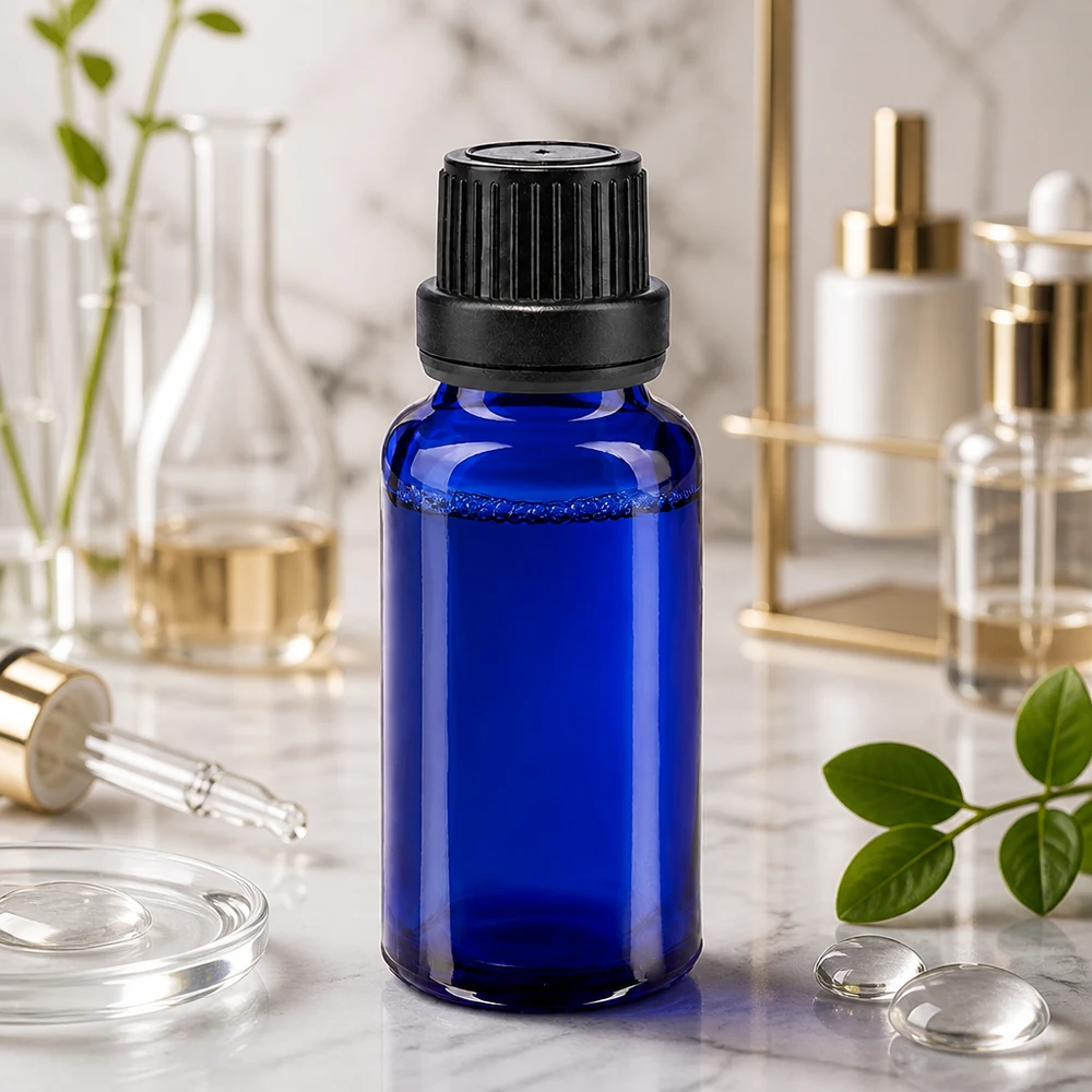 Blå glasflaske på 20 ml med sort originalitetslukning på marmorunderlag i laboratoriet