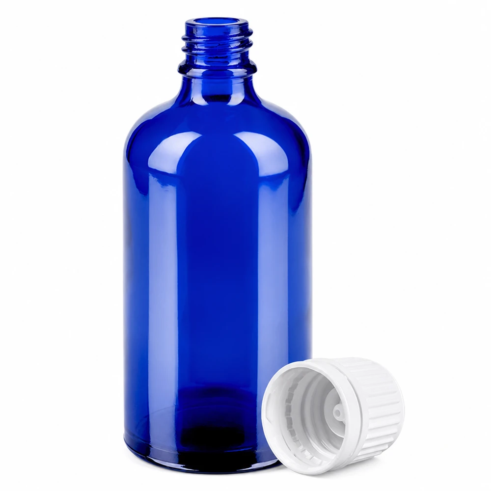 100 ml glasflaske blå med 11 mm skruelåg hvid til æteriske olier og kosmetik