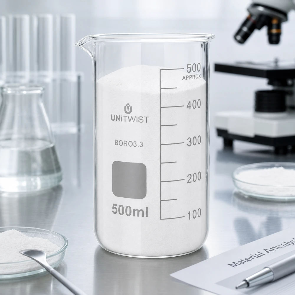 Bægerglas 500 ml borosilikat, høj form UNITWIST UNITWIST 500 ml høj bægerglas fyldt med hvidt pulver på et laboratoriebord af rustfrit stål